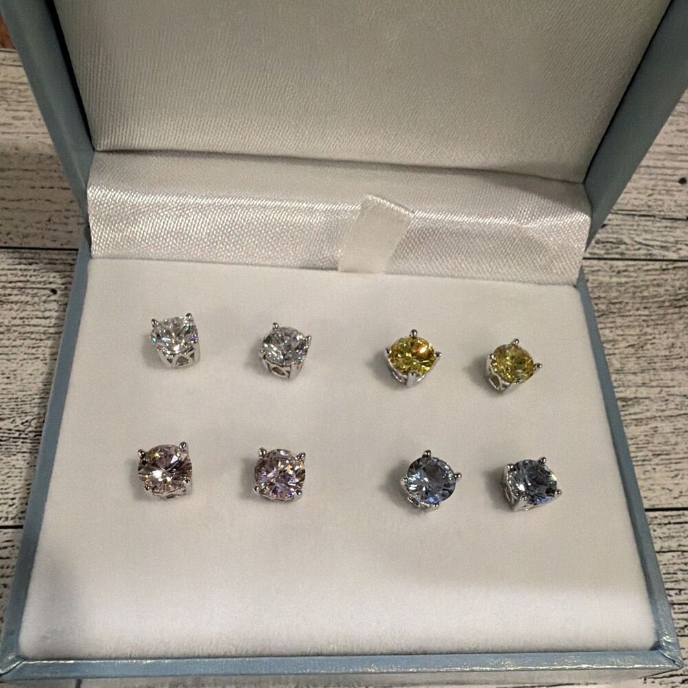 New in Box 1990’s 4 Pair Sterling Silver and Colored Stone Stud Earrings